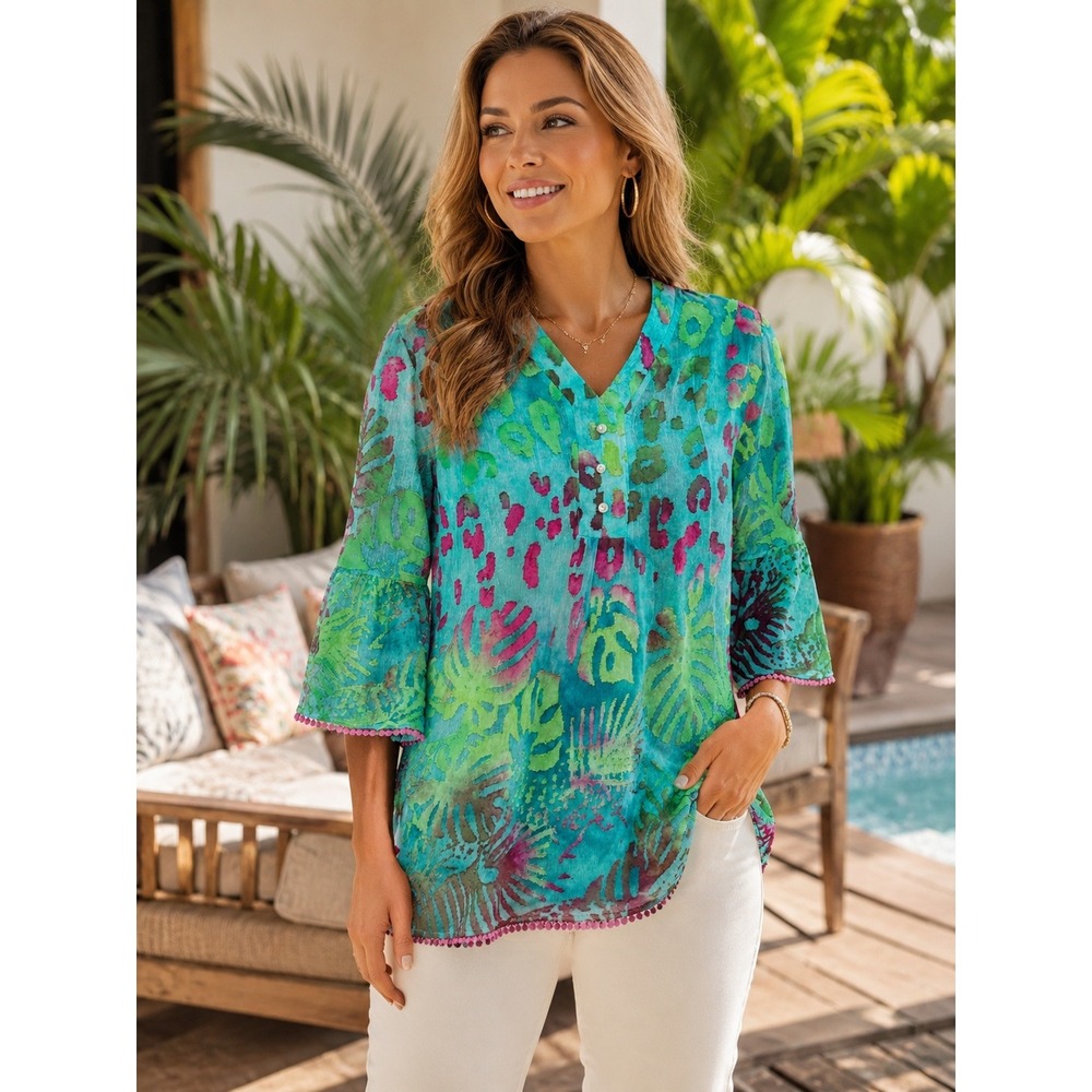 Adore Tunic Top Womens Large Turquoise Tropical Leopard Burnout Bell Sleeve